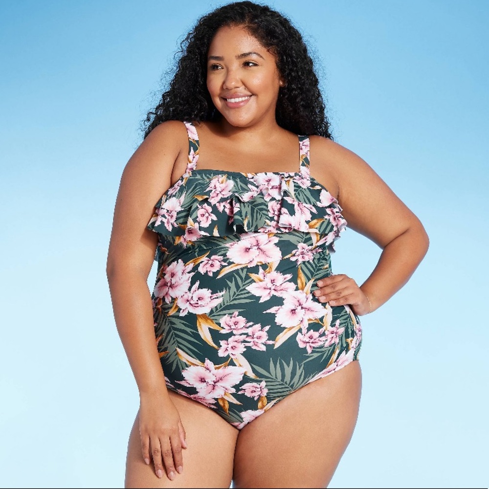 Kona Sol Bandeau Flounce One Piece Swimsuit 16W